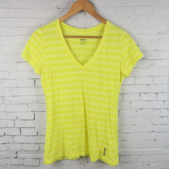 REEBOK NEON YELLOW STRIPE V NECK SHORT SLEEVE WORK OUT T SHIRT SIZE MEDIUM - Picture 1 of 8